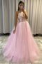 Shiny A-line V Neck Pink Lace Floral Long Prom Dress, GP171