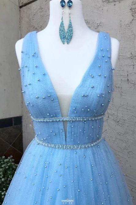 a line v neck long light blue prom dresses with beading