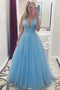 A-Line V-Neck Long Light Blue Prom Dresses with Beading MP218