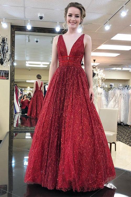 shop elegant v neck tulle sequins burgundy long prom party dress mp811