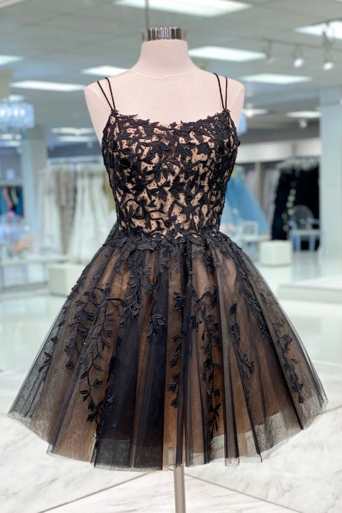 black lace applique tulle short prom dress black senior homecoming dress