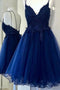 A Line V Neck Blue Short Prom Dresses Backless Homecoming Dresses GM391