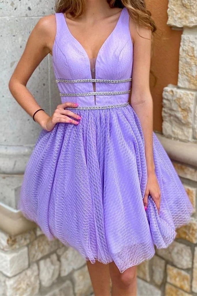 lavender a line v neck short prom dresses graduation homecoming dress with beading