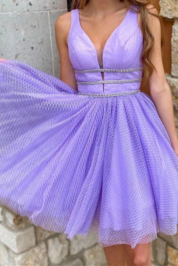 lavender a line v neck short prom dresses graduation homecoming dress with beading