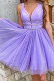 lavender a line v neck short prom dresses graduation homecoming dress with beading