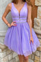 Lavender A-line V Neck Short Prom Dresses, Graduation Homecoming Dress With Beading GM388