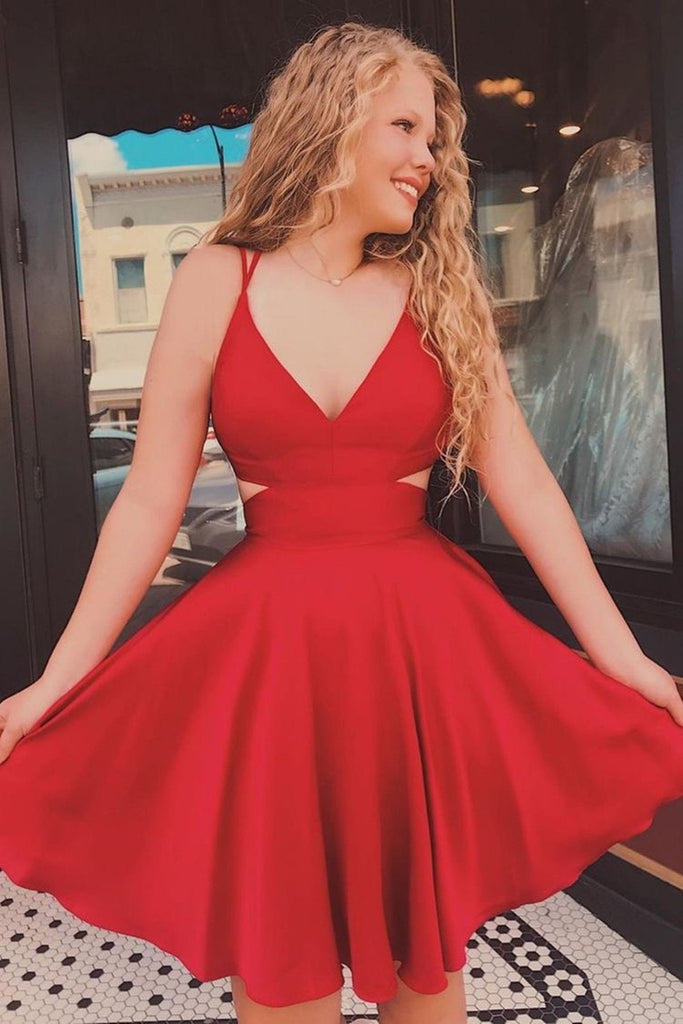 short v neck satin red prom dress cut back double straps cocktail homecoming dresses