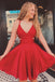 short v neck satin red prom dress cut back double straps cocktail homecoming dresses
