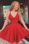 Short V Neck Satin Red Prom Dress Cut Back Double Straps Cocktail Homecoming Dresses GM577