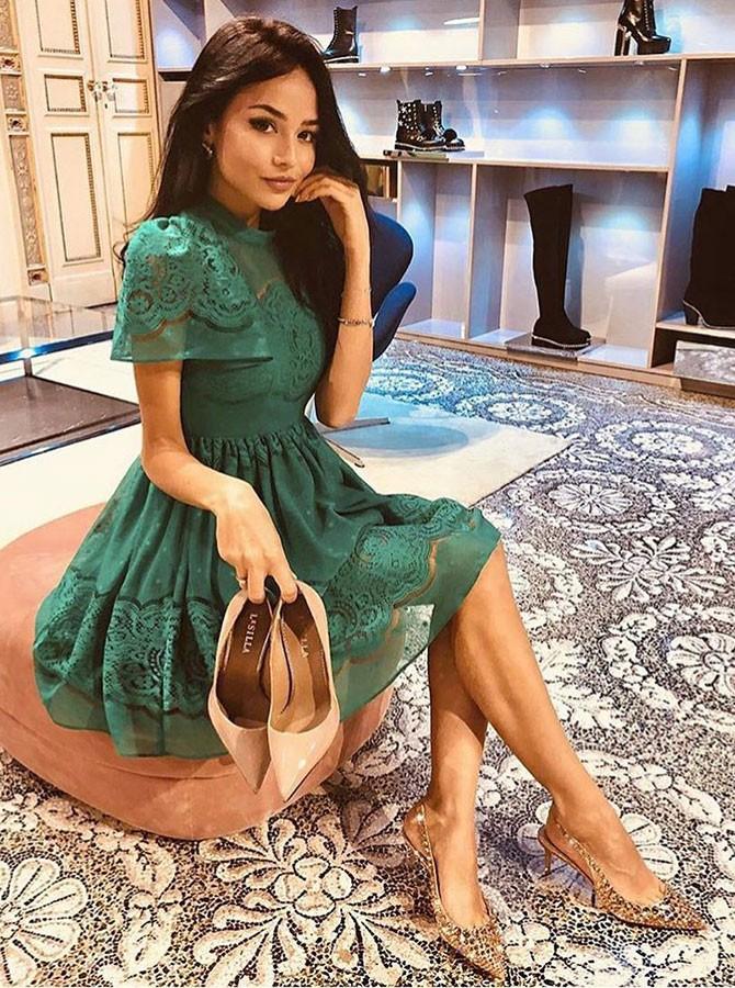 green lace a line high neck short sleeves prom dress