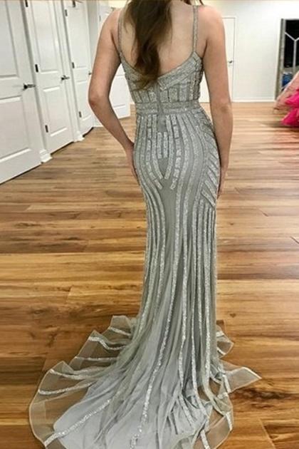 sparkly long spaghetti straps beading tulle mermaid prom dress