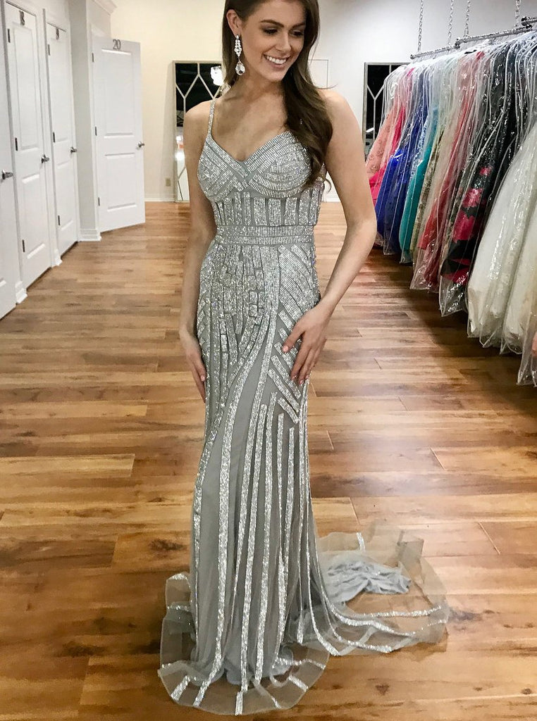 sparkly long spaghetti straps beading tulle mermaid prom dress