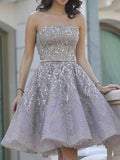 sparkly beads short prom dress silver sequins homecoming dress