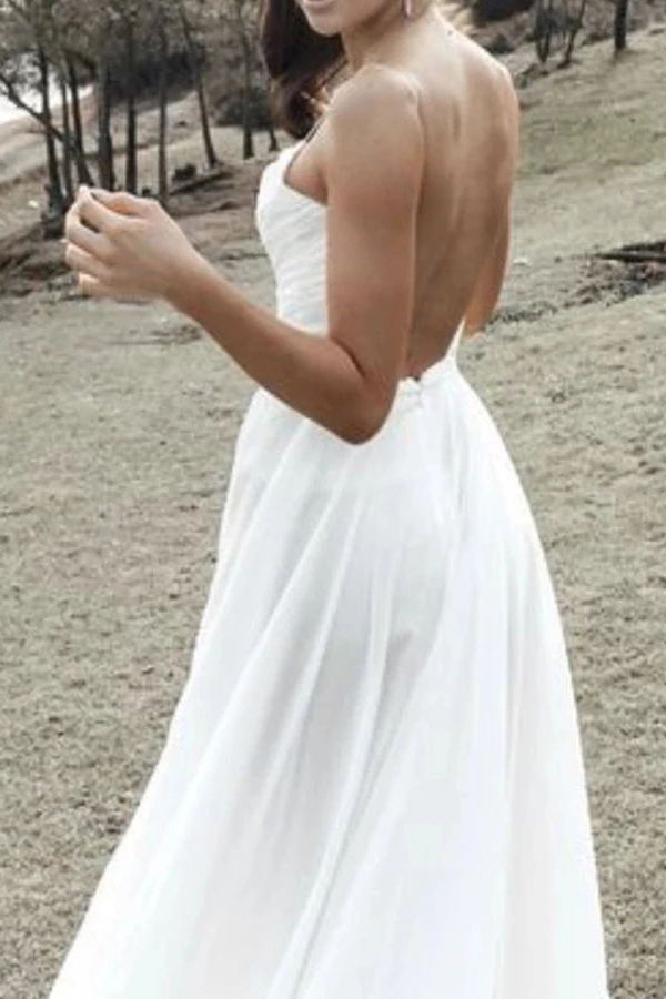 simple spaghetti straps ruched chiffon beach wedding dresses with split