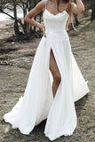 Simple Spaghetti Straps Ruched Chiffon Beach Wedding Dresses With Split PW483
