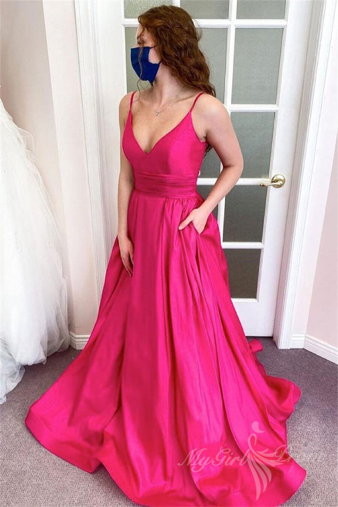 simple hot pink sleeveless v neck satin long prom dresses with pocket
