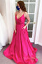 Simple Hot Pink Sleeveless V Neck Satin Long Prom Dresses With Pocket GP505