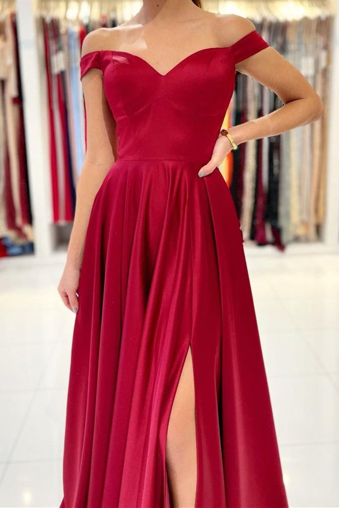 simple off the shoulder burgundy satin long prom dress with slit