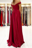 simple off the shoulder burgundy satin long prom dress with slit