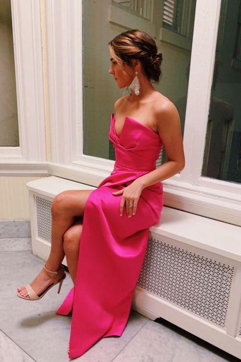 pretty hot pink simple prom dresses strapless satin evening dress