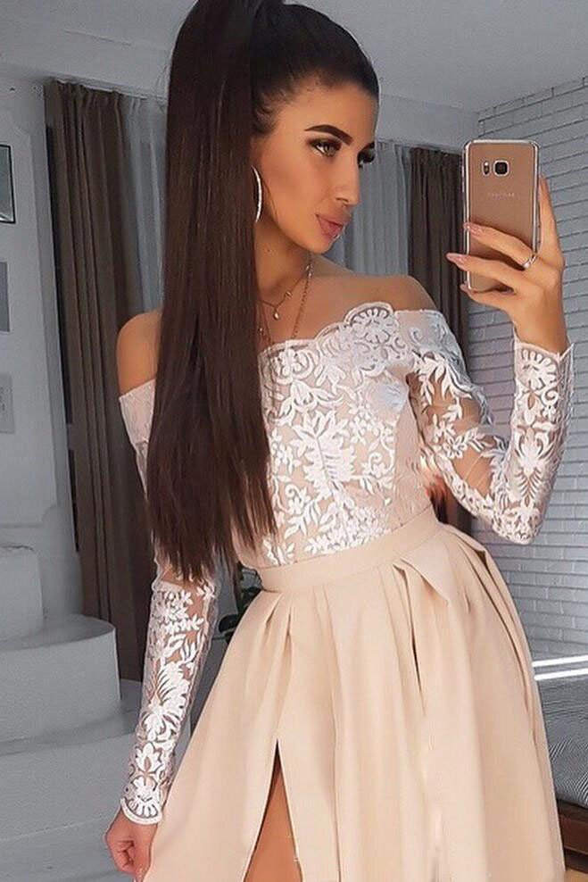 simple satin long prom dress lace off shoulder long sleeves with slit