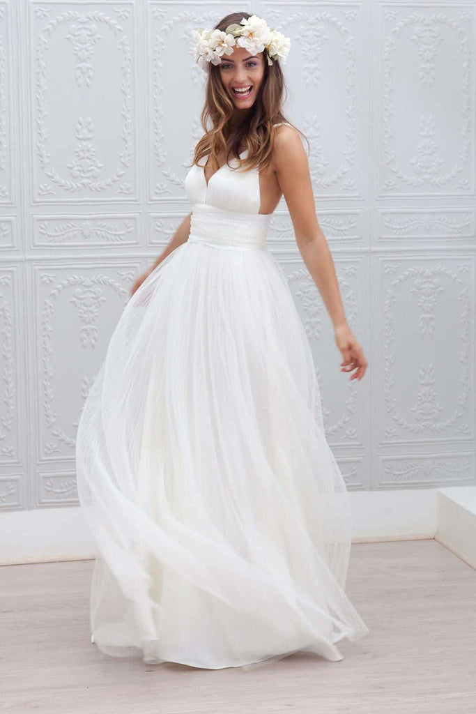 simple spaghetti straps backless wedding dress tulle beach bridal gown