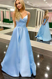 simple stain light sky blue long prom dress a line v neck formal gown