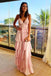 simple v neck pink ruffles long prom dress pink formal evening dress