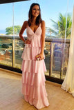 Simple V Neck Pink Ruffles Long Prom Dress, Pink Formal Evening Dress GP469