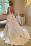 simple a line bateau satin backless wedding dress with train