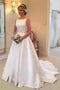 Simple A-Line Bateau Satin Backless Wedding Dress With Train PW224