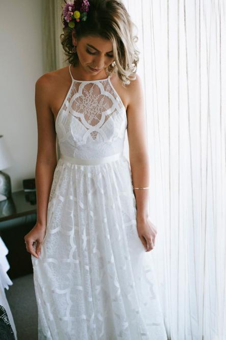 simple a line halter lace beach wedding dress