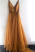 simple gold long prom dress v neck bodice with spaghetti straps