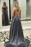 royal blue simple long prom dresses split evening party with pockets