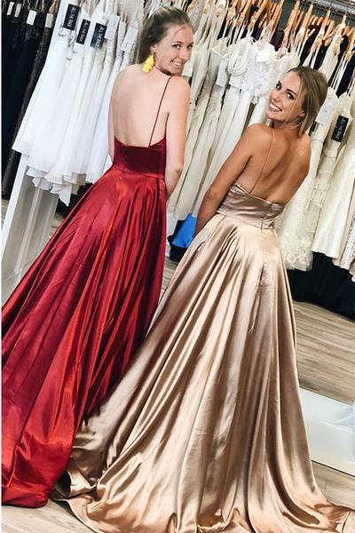 spaghetti straps simple long prom dresses backless evening gowns