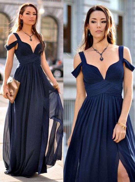 simple navy blue a line straps drop sleeves split long prom dress mp937