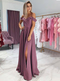 Simple Off-Shoulder Prom Dress Long Bridesmaid Dresses With Slit MP817