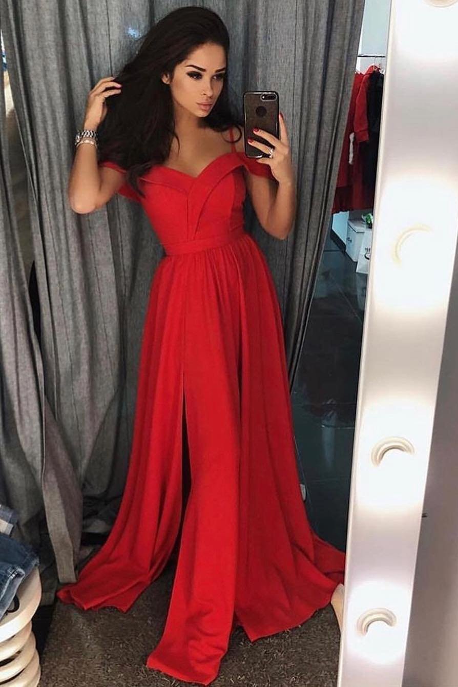 simple off shoulder prom dress long bridesmaid dresses with slit mp817