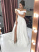 simple off the shoulder white a line wedding dress with slit