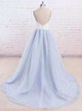 simple spaghetti straps tulle waist appliques baby blue backless prom dress mp956