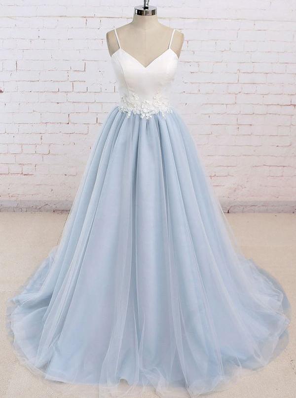 simple spaghetti straps tulle waist appliques baby blue backless prom dress