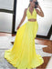 simple yellow halter v neck two piece long prom dress with split
