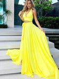 simple yellow halter v neck two piece long prom dress with split mp952