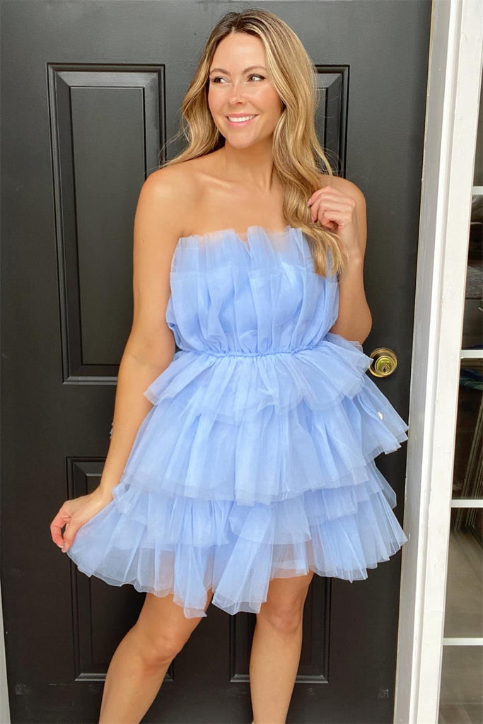 sky blue tiered short homecoming dress strapless party gown