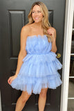 sky blue tiered short homecoming dress strapless party gown