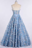 sky blue long prom dresses 3d mesh flower applique ball gowns mp846