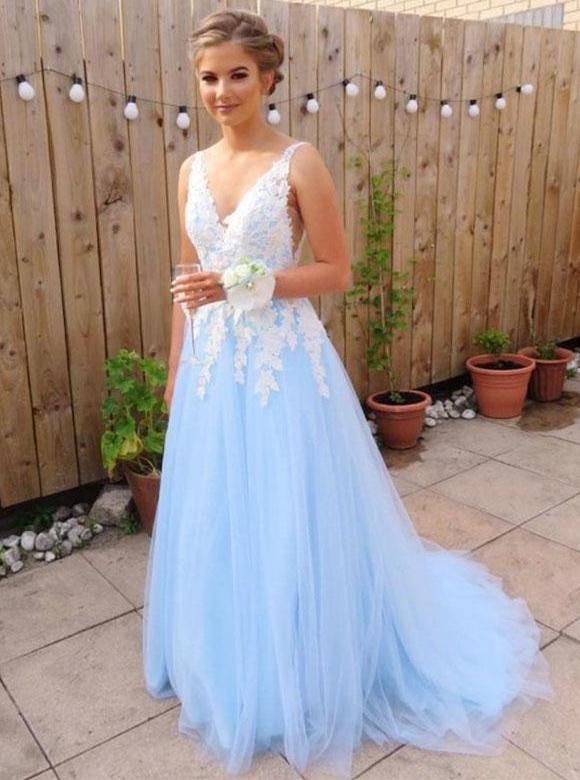 sky blue long prom dresses for teens tulle graduation party dresses