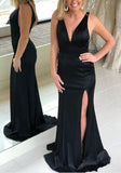 simple v neck black long prom dress sheath evening dress with split