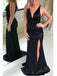 simple v neck black long prom dress sheath evening dress with split