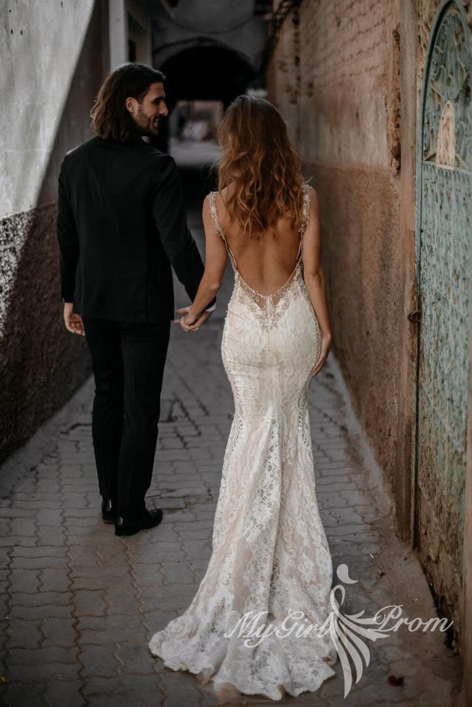 sheer sleeveless mermaid lace wedding dress backless rustic bridal gown